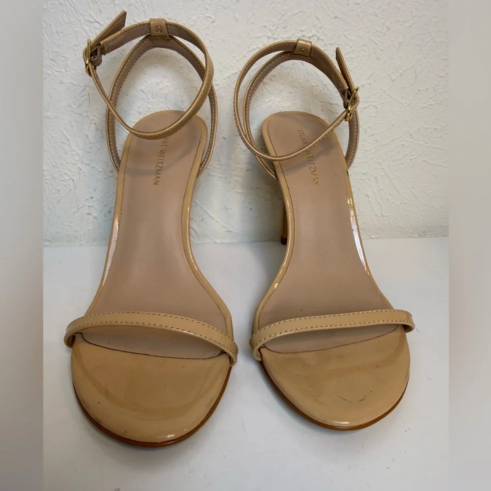 Stuart Weitzman Dancer 95 Patent Leather Sandals Beige Size 6.5 - Picture 3 of 7